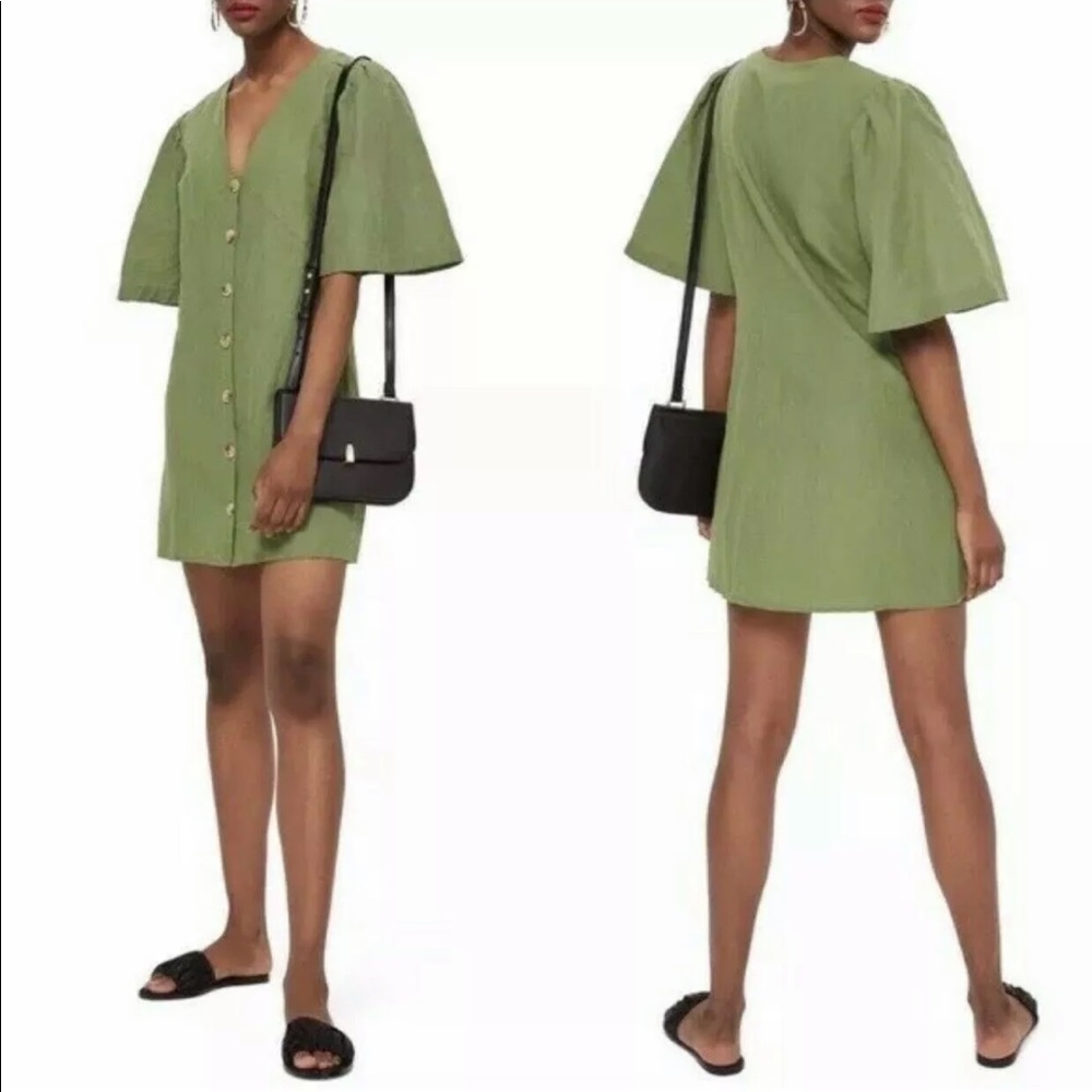 TOPSHOP Linen olive green Button Down Dress